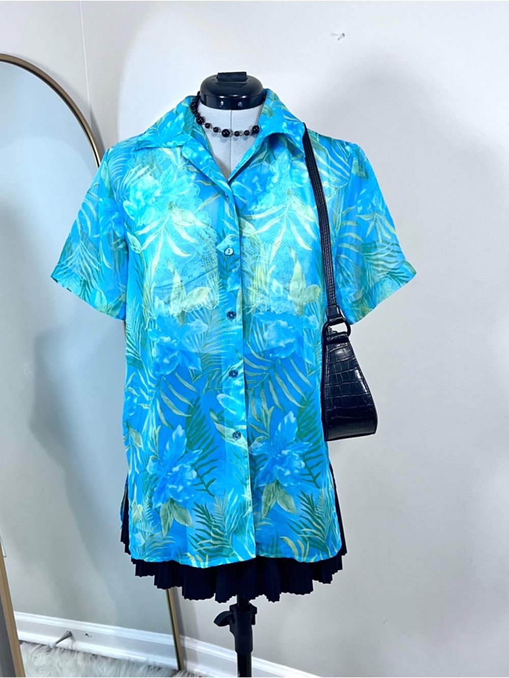 Vintage Blue Tropical Print Sheer Button-Up Shirt